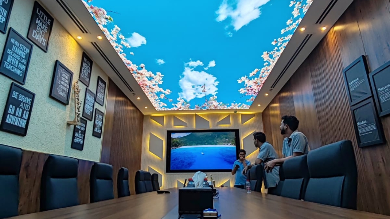 felt acoustic ceiling baffles in open-plan office