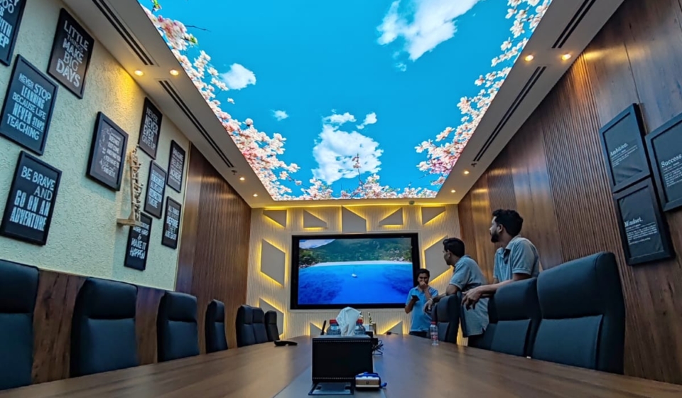 felt acoustic ceiling baffles in open-plan office